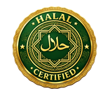 Golden Halal 100% Certified badge indicating guaranteed quality and compliance with halal standards.